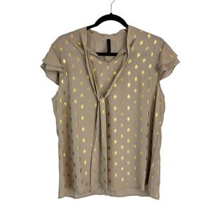 Luna Rae Tie Neck Blouse Womens XL Tan Gold Foil Polka Dot Flutter Sleeve Top
